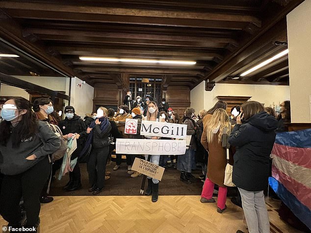 Protesters outside the Wintemute talk at McGill University on Tuesday