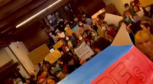 Protests outside the talk at McGill University on Tuesday