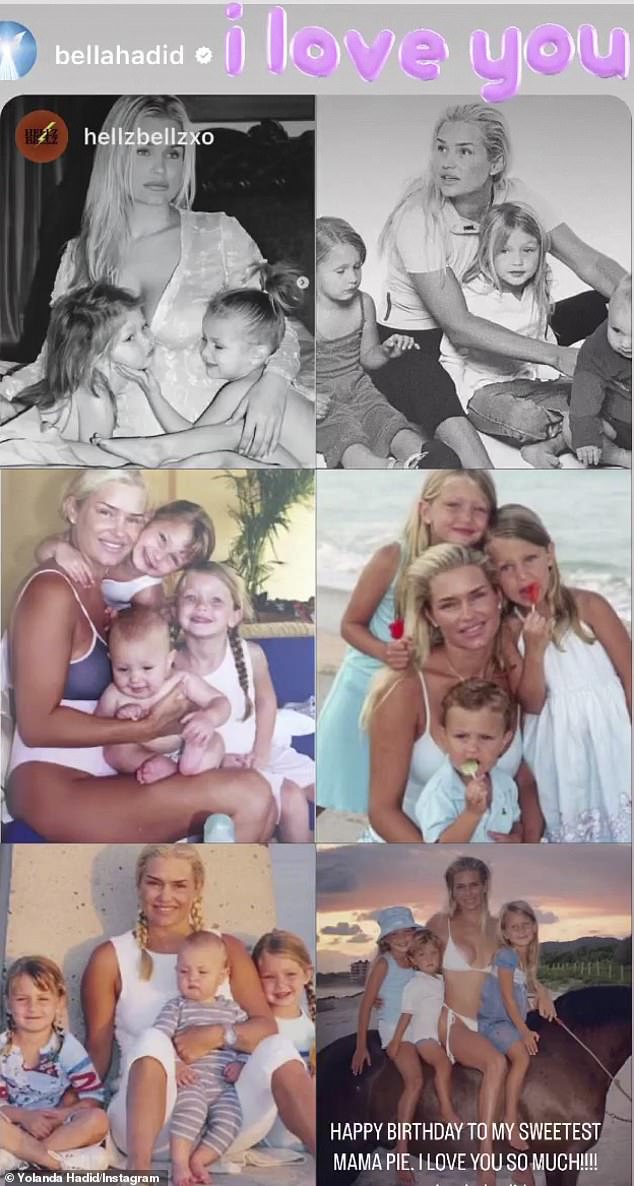 More birthday love: Bella posted a collage of images on Wednesday showing Yolanda with her three children over the years: 'Happy birthday to my sweetest mama cake.  I love you a lot!!!!'