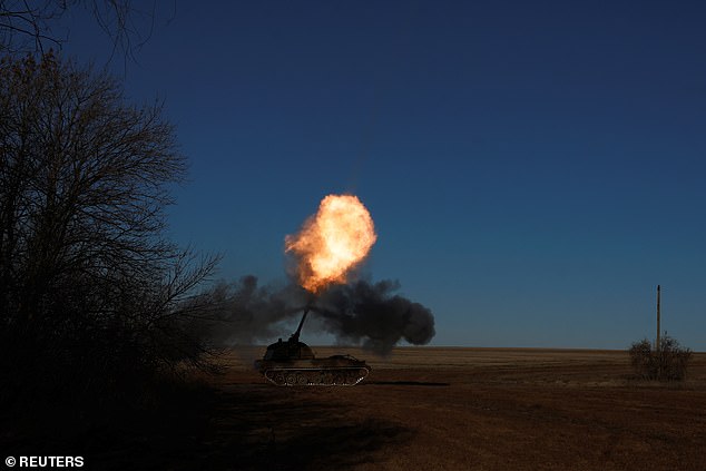 The Ukrainian army, from the 43rd Heavy Artillery Brigade, fires a German Panzerhaubitze 2000 howitzer, as Russia's attack on Ukraine continues, near Soledar, on Wednesday.