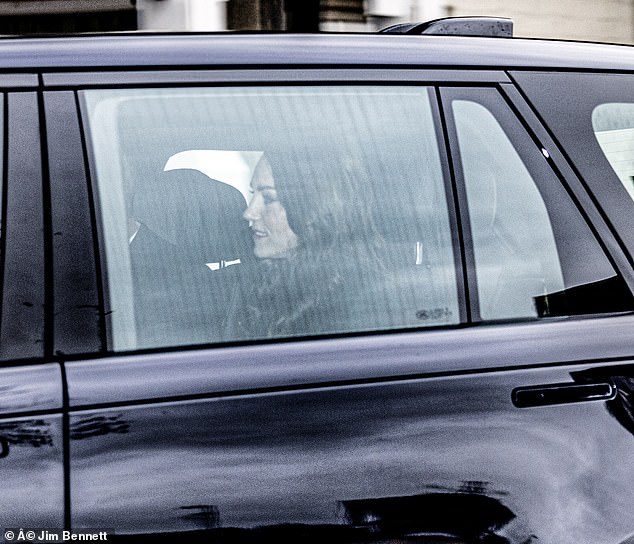 The Princess of Wales was also seen chatting happily as they headed out this morning.
