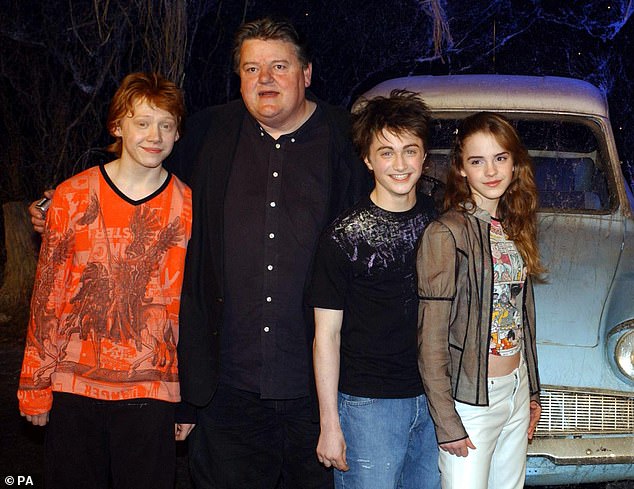 Devastated: 'Heartbroken' Rupert (left) took to Instagram recently to share a heartfelt tribute to his Harry Potter co-star Robbie Coltrane (second left)