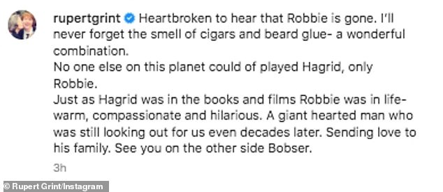 Tribute: Ron Weasley actor Rupert, 34, mourned the loss of the 'warm, compassionate and hilarious star' and said he had still been 'looking out for' him decades after starring in the films