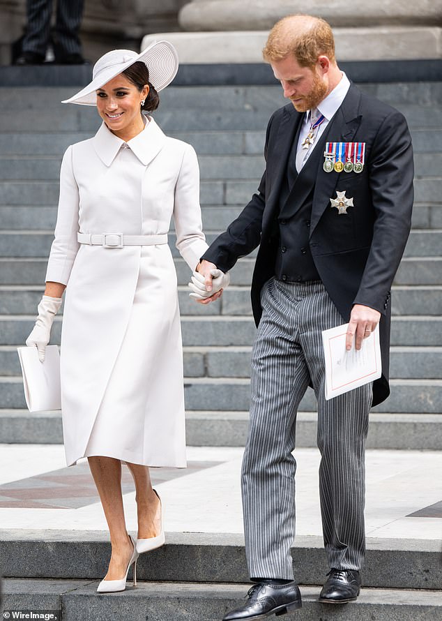 According to reports, Prince Harry will not be welcome at the Coronation.  Above: Harry with his wife Meghan after attending the National Service of Thanksgiving at St Paul's Cathedral on June 3, 2022