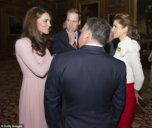 Queen Rania said Kate's face 'lights up' when she talks about the royal jobs she does, and that there is a sense of 'sincerity' in everything she does (pictured with the Prince of Wales and King Abdullah II during a reception at Windsor Castle during the Queen's Diamond Jubilee in May 2012)