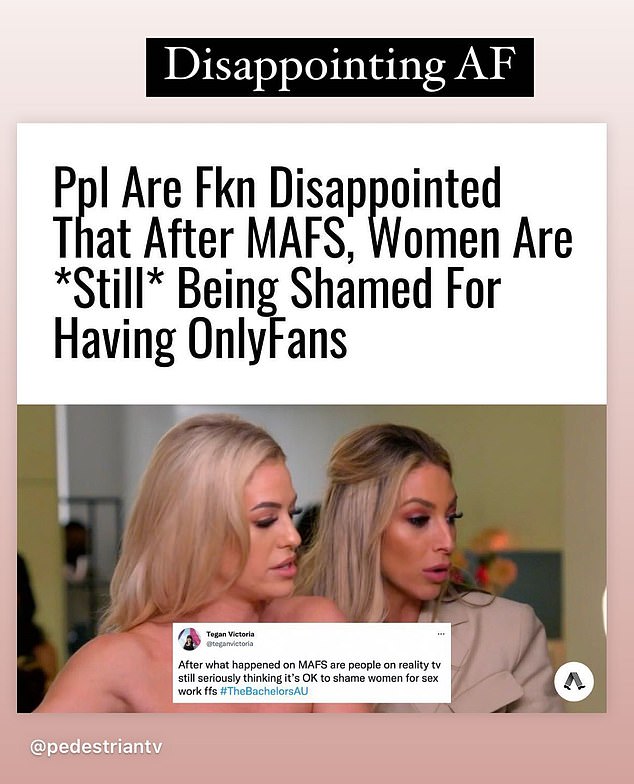 Posting a snap of Bachelor 'villain' Tash (right) to her stories on Thursday, Domenica didn't hold back her feelings, captioning the photo, 'Disappointing as F**K'