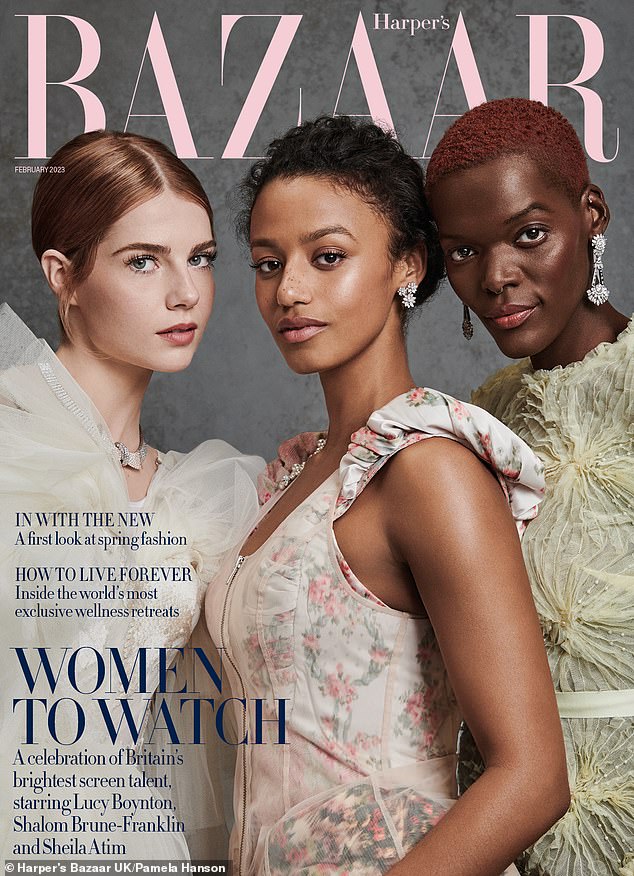 Cover girl: Lucy (left) graced the cover of the glossy magazine alongside British actresses Shalom Brune-Franklin (centre) and Sheila Atim (left)