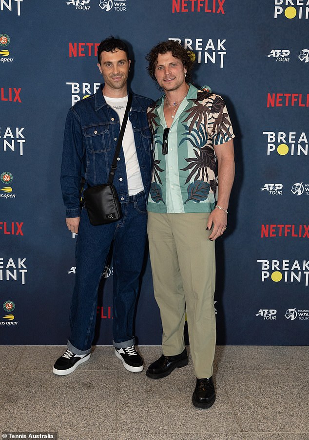 Abbie Chatfield's ex Konrad Bien-Stephen opted for a graphic shirt along with pleated dress pants.  He completed his look with chunky black boots.  Left, James Parr