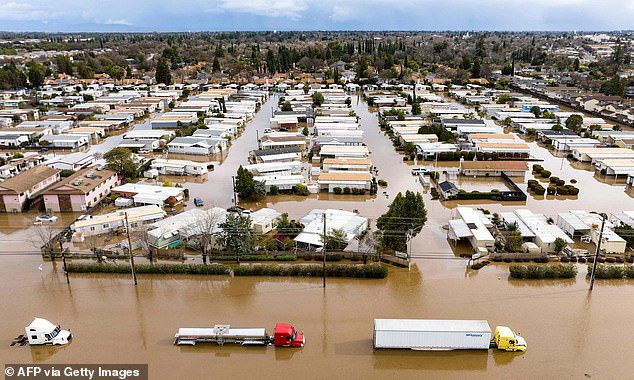 This aerial view shows a flooded neighborhood in Merced, California, on January 10, 2023.