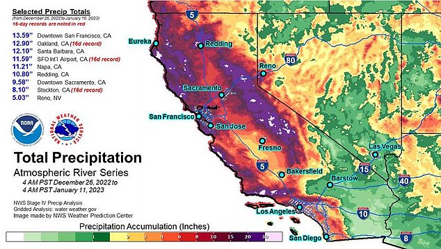 Pictured: A National Weather Service map showing how much rain fell between December 26 and January 10.