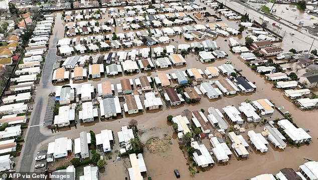 This aerial view shows a flooded neighborhood in Merced, California, on January 10, 2023.