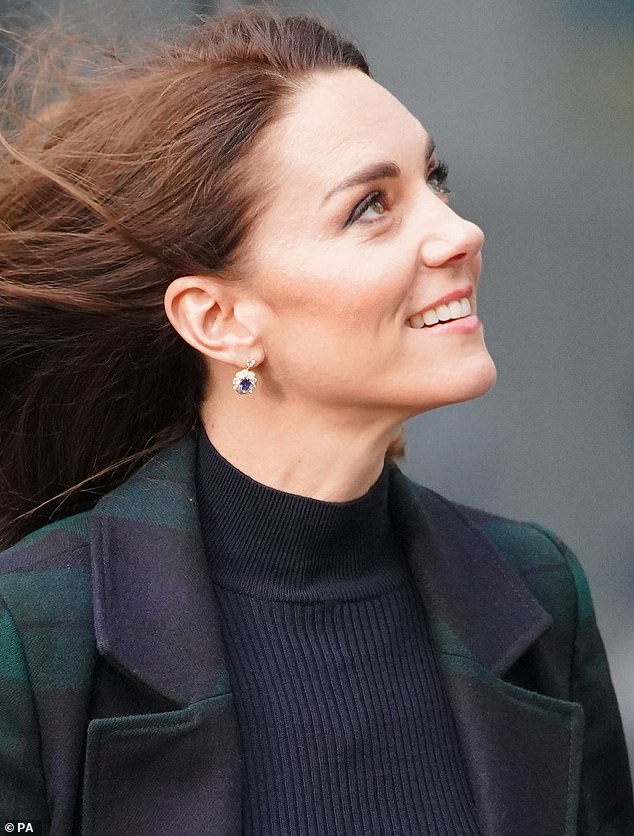 Kate, 41, wore a pair of sapphire and diamond earrings that once belonged to the late Princess Diana.