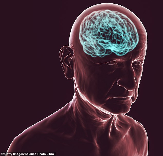 Being stressed could raise the risk of developing the brain disease by as much as 24 per cent, researchers have found (Pictured is a conceptual illustration showing an elderly with progressive impairments of brain functions)