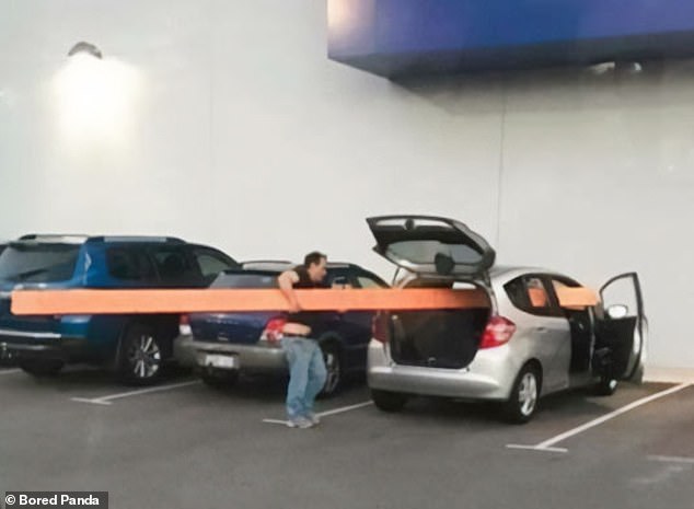 Thinking logically!  Somewhere in the US there's a trail of people canceling their daily plans to follow this genius who thinks he can fit a plank of wood more than twice the size of his car...into the car of he.