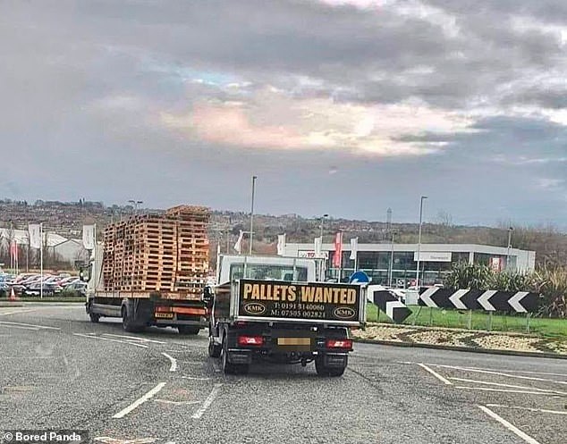 Exciting chase!  In Manchester, one truck was requesting pallets, while another had a large quantity of pallets.