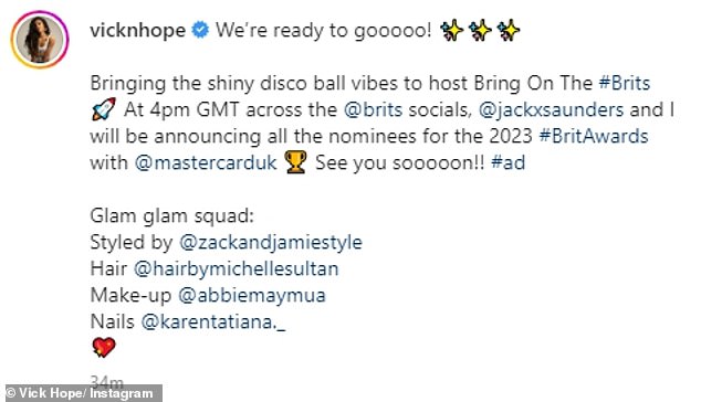 Ready to go!  Posting his striking outfit for his 237,000 followers to enjoy on Instagram, Vick wrote: 'We're ready to go!  ✨✨✨ Bringing the sparkling disco ball vibes to present Bring On The #Brits'