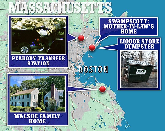 Walshe was caught on surveillance footage at a dumpster near a liquor store just a five-minute walk from his mother's Swampscott apartment, where police seized several dumpsters.