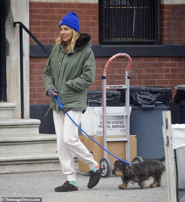 Casual: American Woman star Sienna, who recently revealed she thought she'd have three children in her 30s, cut a casual figure in a green hooded jacket, teamed with gray joggers, sensible shoes and a blue beanie