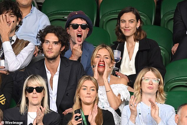 Friendly exes: Sienna's ex Tom Sturridge is now dating host Alexa Chung, 39;  the couple is pictured with Sienna and Oli at Wimbledon in July 2022