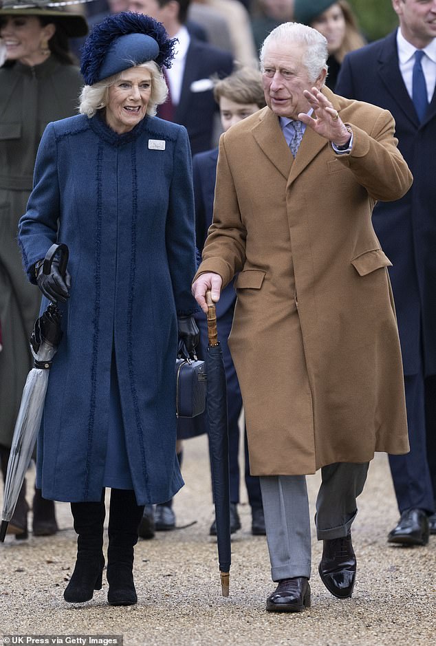 According to Harry, the King and Queen Consort (pictured on Christmas Day) 'openly scolded' Prince William about him and his wife 'diverting attention away from them'