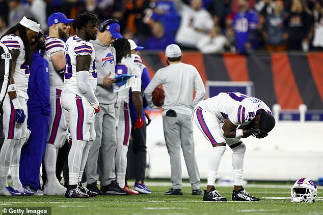 TreDavious White #27 of the Buffalo Bills reacts to an injury sustained by Damar Hamlin #3 during the first quarter of an NFL football game against the Cincinnati Bengals at Paycor Stadium on January 2