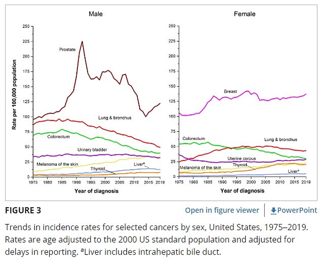 The above charts, also split by gender, show the rate of cases of selected cancers being detected in the United States annually. Cases of prostate and melanoma cancer are heading upwards in men, while among women breast cancer is rising