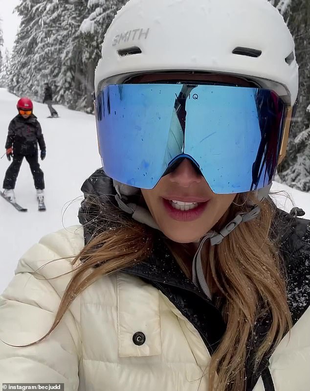 During the trip, she has been wearing expensive ski equipment.