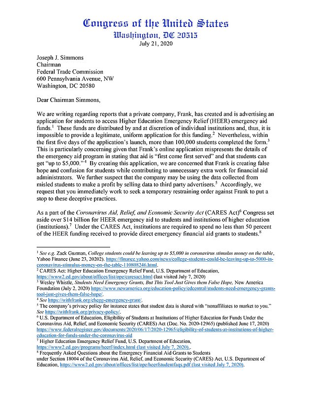 The first part of a letter written by members of Congress in 2020 expressing concern about Frank's practices.