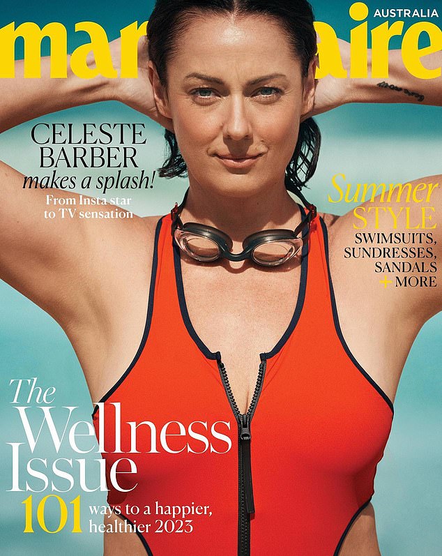 The 40-year-old comedian says the surprise came after she bought six copies of the February issue of fashion magazine Marie Claire Australia, where she appears on the cover.  Pictured: Celeste's glamorous cover