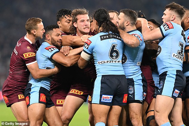 The Maroons' Patrick Carrigan and the Blues' Jarome Luai then became involved in a brawl, with the Queensland players furious in the fifth eighth