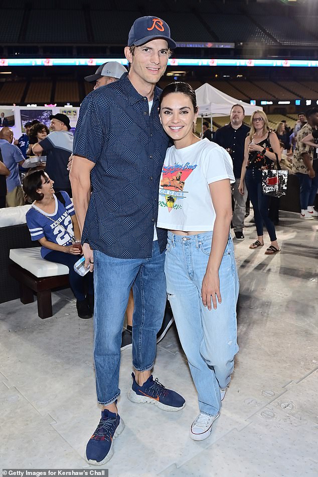 Strong: Mila shares two children, daughter Wyatt, 8, and son Dimitri, 6, with Ashton, whom she has been married to since 2015;  Pictured August 2022 at Dodger Stadium