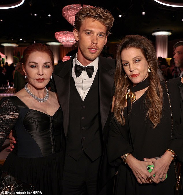 Lisa Marie (right) and her mother Priscilla (left) were at the Golden Globe Awards on Tuesday night to see Austin Butler (center), who played her father in the movie Elvis.