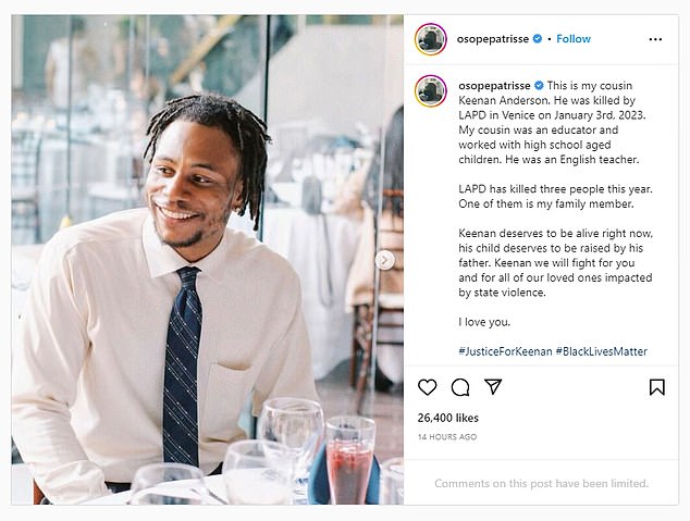 In the aftermath of his death, BLM co-founder Patrisse Cullors took to Instagram to mourn the death of her cousin and blame the LAPD for his death.