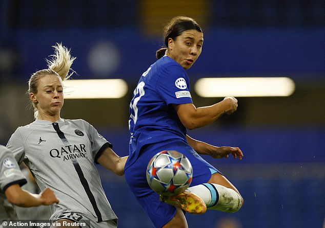 Sam Kerr vies for the ball for Chelsea in the Women's Champions League match against Paris St Germain at Stamford Bridge, London.
