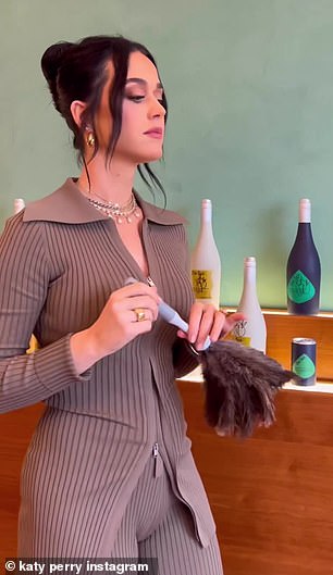 'Have you met the new sales associate at @boisson.sips?  Apparently she has a thing for De Soi', captioned Katy, who included footage of herself dusting and putting up various displays in stores.