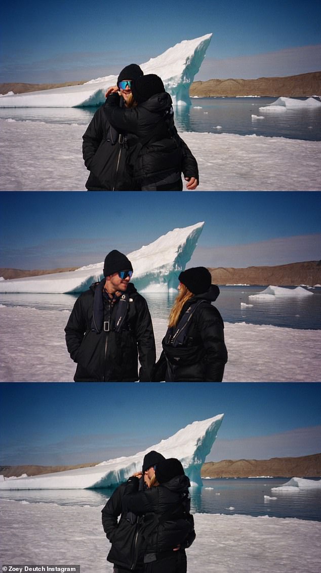 Emotional: Deutch and her boyfriend Jimmy Tatro shared a hug and kiss as they posed in front of beautiful chunks of ice and glaciers.