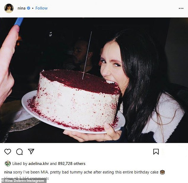 Tasty: Dobrev showed off her comedic touch by posting a photo of herself taking a big bite out of her birthday cake on Instagram.