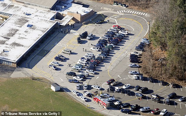 An aerial view of Sandy Hook Elementary School in Newtown, Connecticut on December 14, 2012. Twenty-seven people, including 18 children, have been killed in a mass shooting at a school.