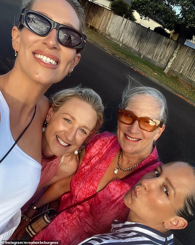 More photos saw a smiling Phoebe pose for a selfie with her family, including her sister Harriet, center left, and their mother, Sarah Hooke, center right.