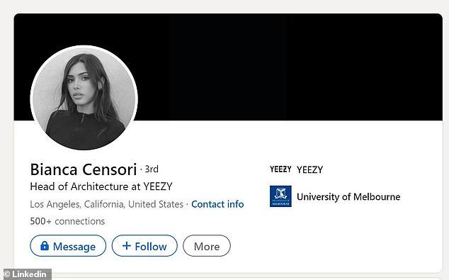 According to LinkedIn, Censori is Yeezy's head of architecture and earned a bachelor's and master's degree from the University of Melbourne.