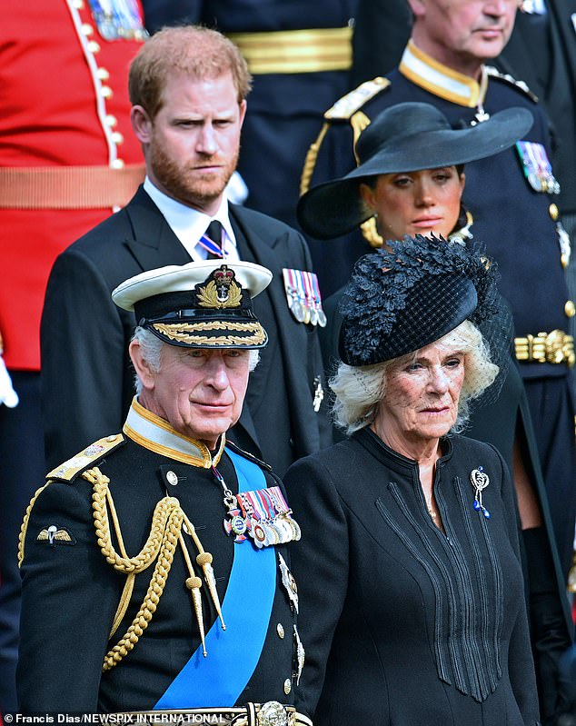 The Duke and Duchess of Sussex and the King and Queen Consort pictured at the Queen's funeral in September 2022