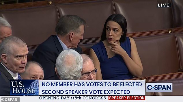 C-SPAN viewers were able to watch Democrats and Republicans conversing among other intense deliberations during the four-day period (Pictured: Republican Rep. Paul Gosar speaks with Democratic Rep. Alexandria Ocasio-Cortez about a year after he posted a anime video in which he depicts himself) attacking her)