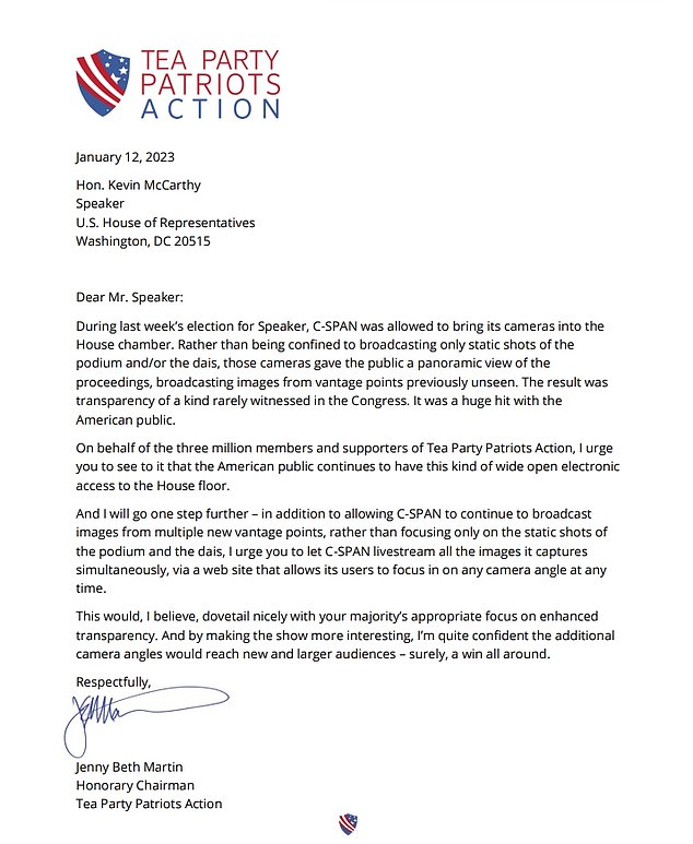 DailyMail.com obtained this letter sent by Tea Party Patriots Action co-founder and honorary chair Jenny Beth Martin on Thursday.