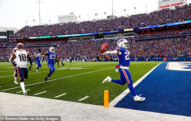 Buffalo Bills RB Nyheim Hines celebrates as he recovers the kickoff for a touchdown on Sunday.  The Bills defeated the New England Patriots, 35-23