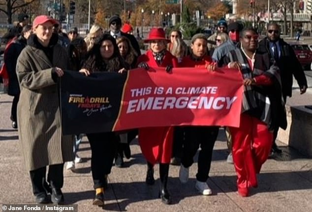 Protest: Jane has continued to participate in the Fire Drill Friday protests to draw attention to global warming and climate change.