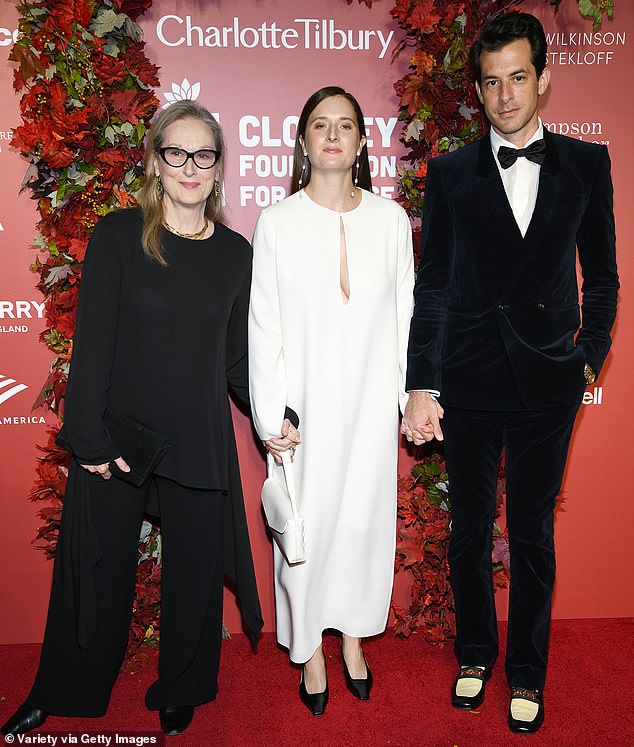 Baby on board: Streep is pictured with her daughter Grace and husband Mark Ronson in September;  this is the last public event Streep was seen at