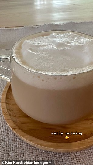 She's here early: On Friday morning, Kim shared a look at her coffee that she enjoyed at her home in Hidden Hills