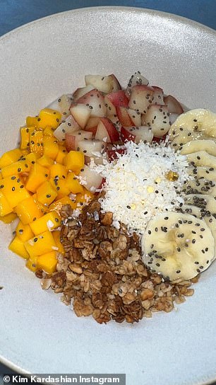 She eats well: Her breakfast with oatmeal and fruit