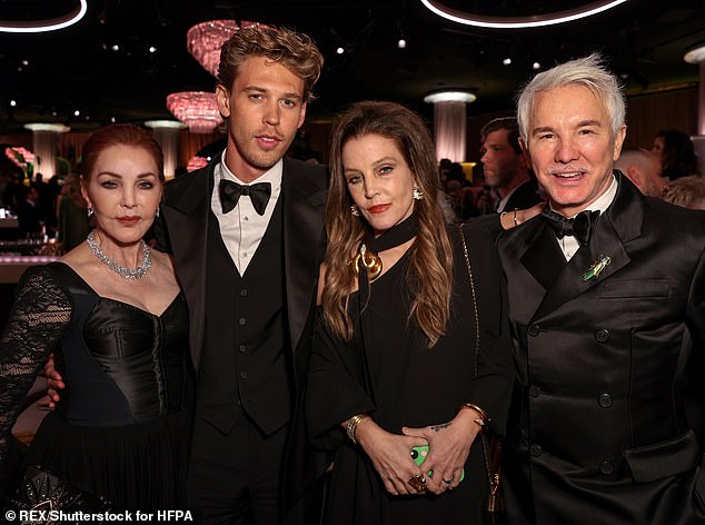 Last seen: Lisa died after suffering a heart attack Thursday at her Calabasas home.  Her last appearance was Tuesday at the Golden Globes in Beverly Hills with her mother Priscilla in support of Baz Luhrmann's (far right) Elvis, starring Austin Butler, left