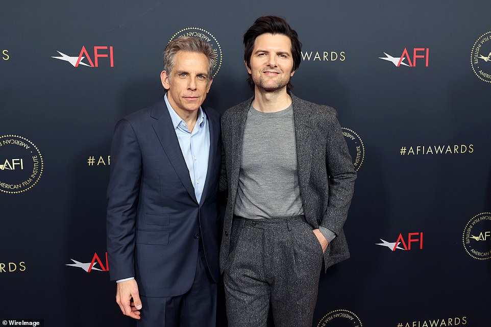 Catching up: Ben Stiller (left) with Adam Scott (right) posed on the red carpet